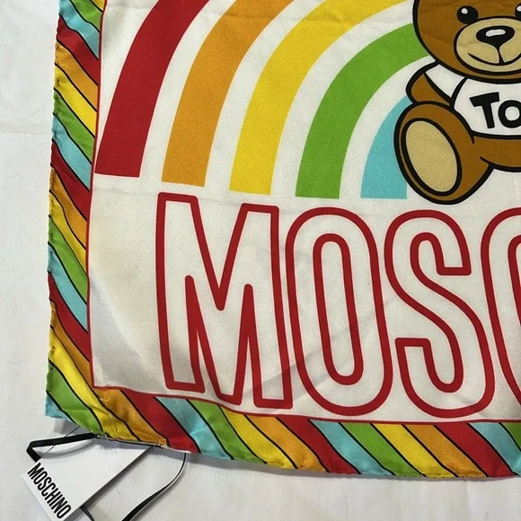 Moschino Rainbow Toy Bear Scarf Silk made in Italy 20in x 20in NWT - Picture 5 of 8